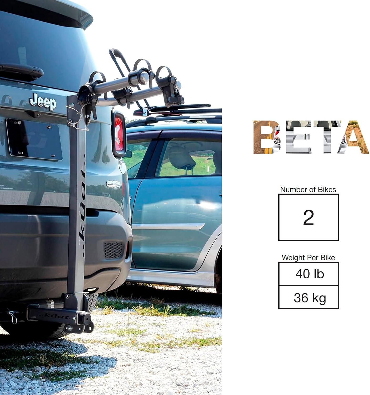 Kuat Beta Hitch-Mounted Bike Rack, 2 Bike Capacity | Hanging-Style Durable Lightweight Aluminum Powder Coated Tilting-Down Gray Bicycle Car Truck Transportation Hauling Rack