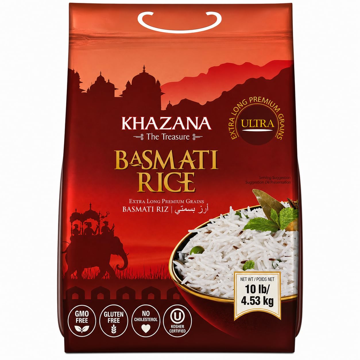 Authentic Extra Long Basmati Rice by Khazana in 10 lb Bag - Aromatic and Flavorful Indian Grain - Non-GMO, Gluten Free, Kosher, Cholesterol Free