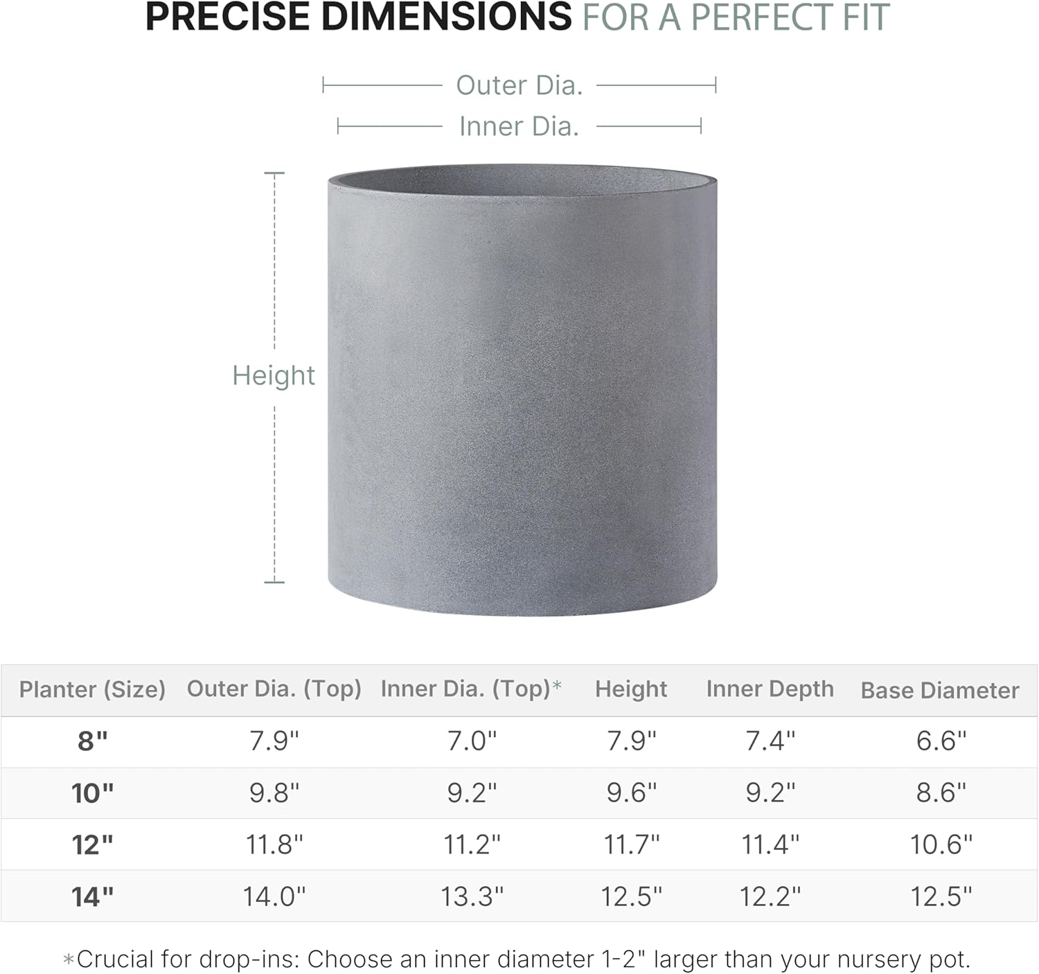 FaithLand 14 Inch Fiberstone Planter - Lightweight Modern Cylinder Plant Pot with Drainage Hole & Plug, Indoor Outdoor Use, Matte White