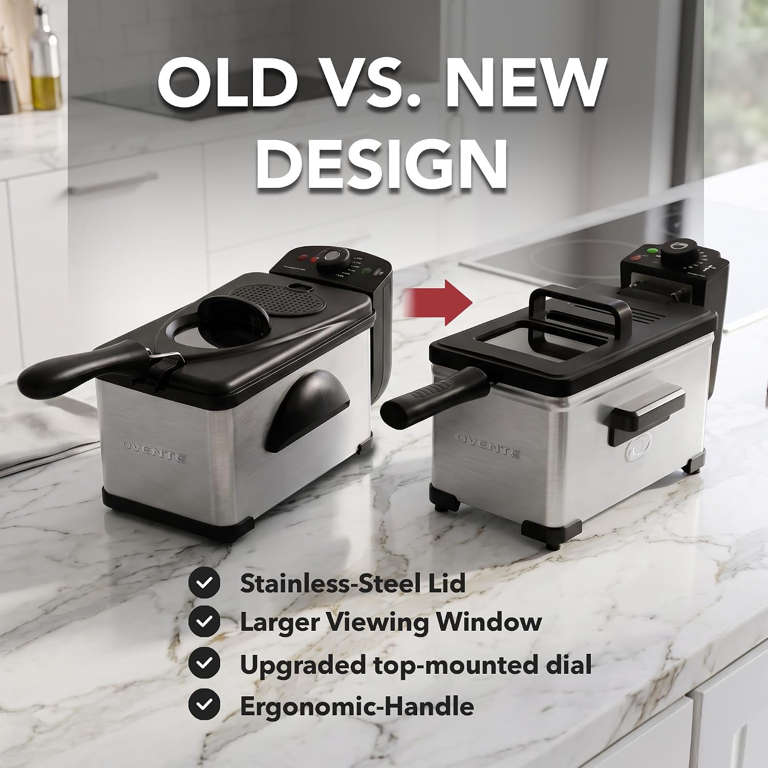 OVENTE Electric Deep Fryer, 0.9L Capacity, 840W, Silver FDM1091BR | Adjustable Temperature Knob, Locking Lid, Removable Frying Basket and Cool Touch Handle, Easy to Clean Stainless Steel Body