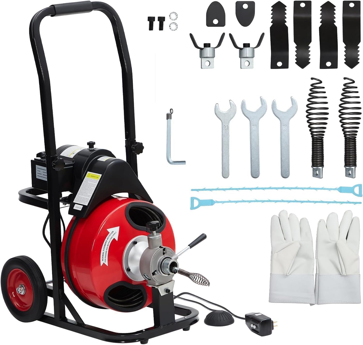100 ft x 1/2 Inch Auto-Feed Drain Cleaner Machine, 370W Portable Sewer Snake Auger with 8 Interchangeable Cutters & Foot Pedal