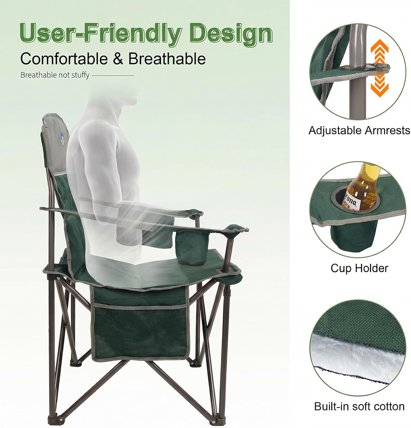 Oversized Camping Chairs 2 Pack - Heavy Duty 400LBS Padded Lawn Chair with Cooler Bag,Cup Holder,Side Pocket,Collapsible for Outdoor,Camp,Fishing & Garden,Dark Green