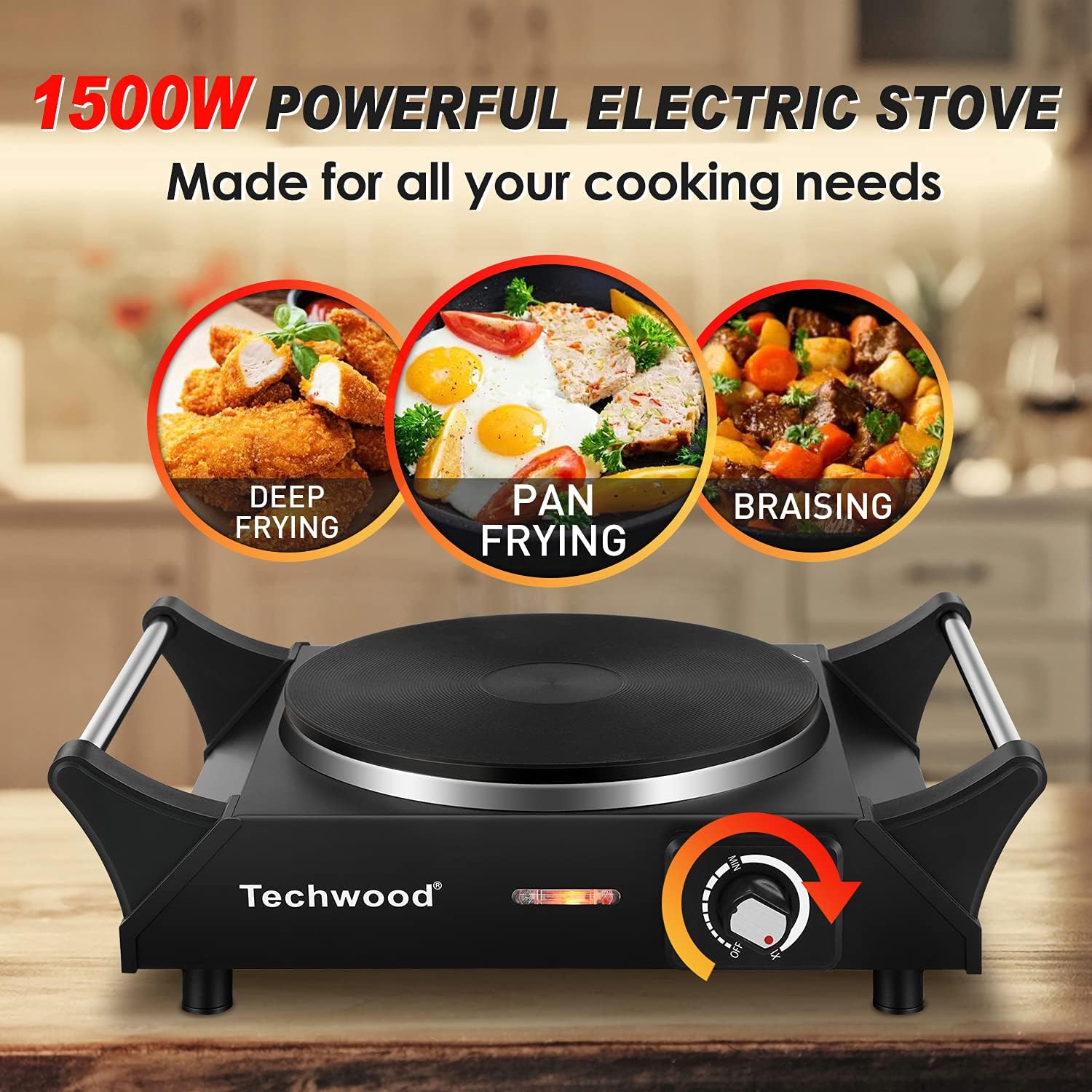 Hot Plate, Techwood Electric Stove for Cooking, 1500W Countertop Single Burner with Adjustable Temperature and Handles