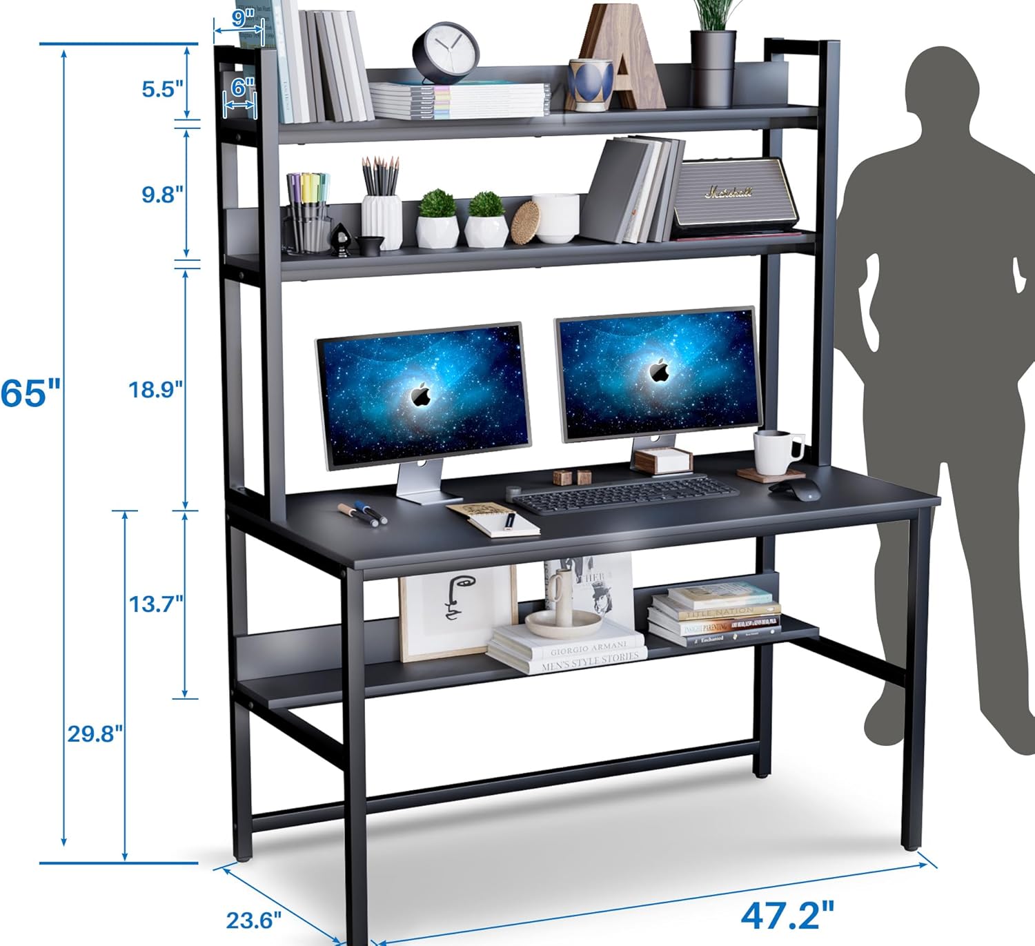 Aquzee Computer Desk with Shelves, 47" W x 23.6" D Gaming Desk with Hutch and Bookshelf