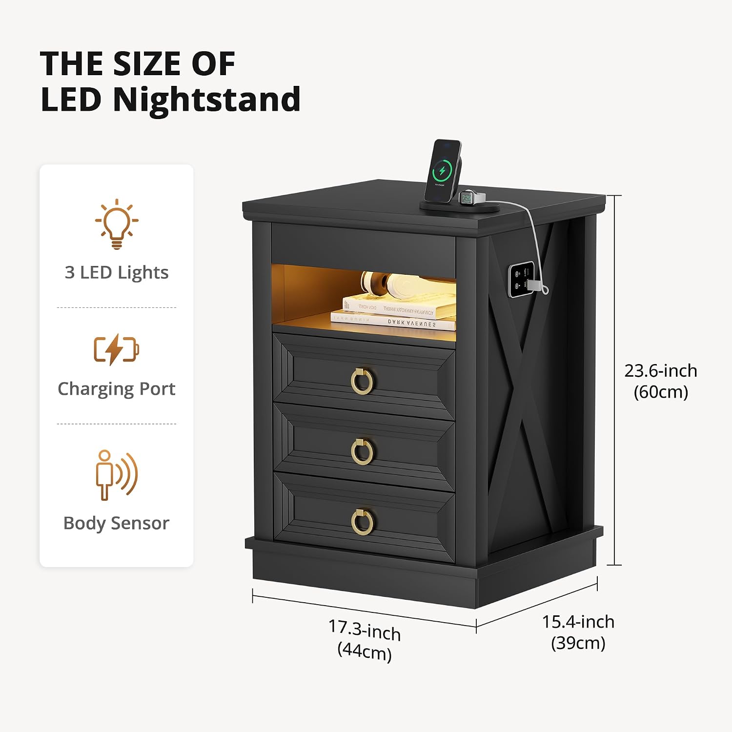 Farmhouse Nightstand with Lockable Hidden Drawer, Human Sensor LED Bedside Table with LED Lights & Charging Station, Rustic Wood Sofa Side End Table with 3 Drawers for Bedroom (Black)