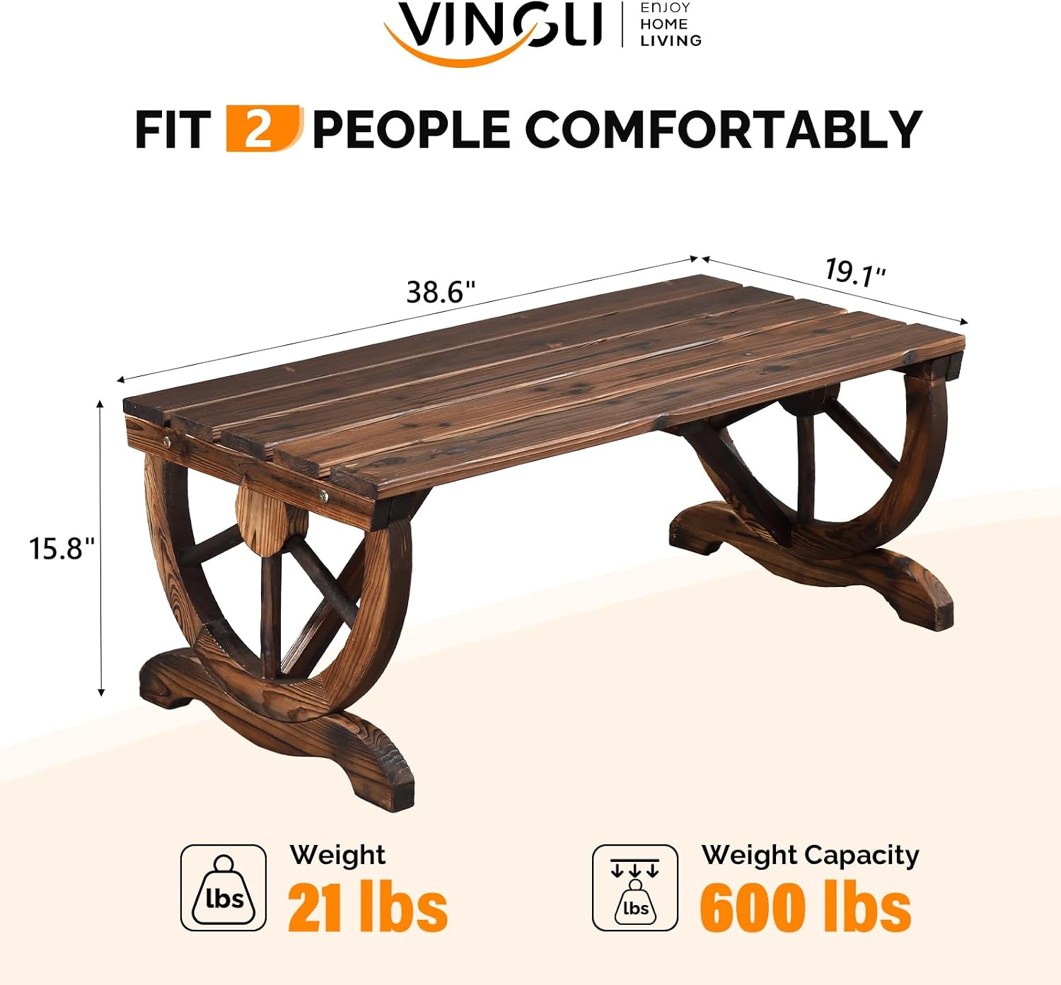 VINGLI Rustic Wooden Wheel Bench Outdoor Bench, Patio Bench Wagon Slatted Seat, Garden Benches for Outdoors 350lbs High Capacity