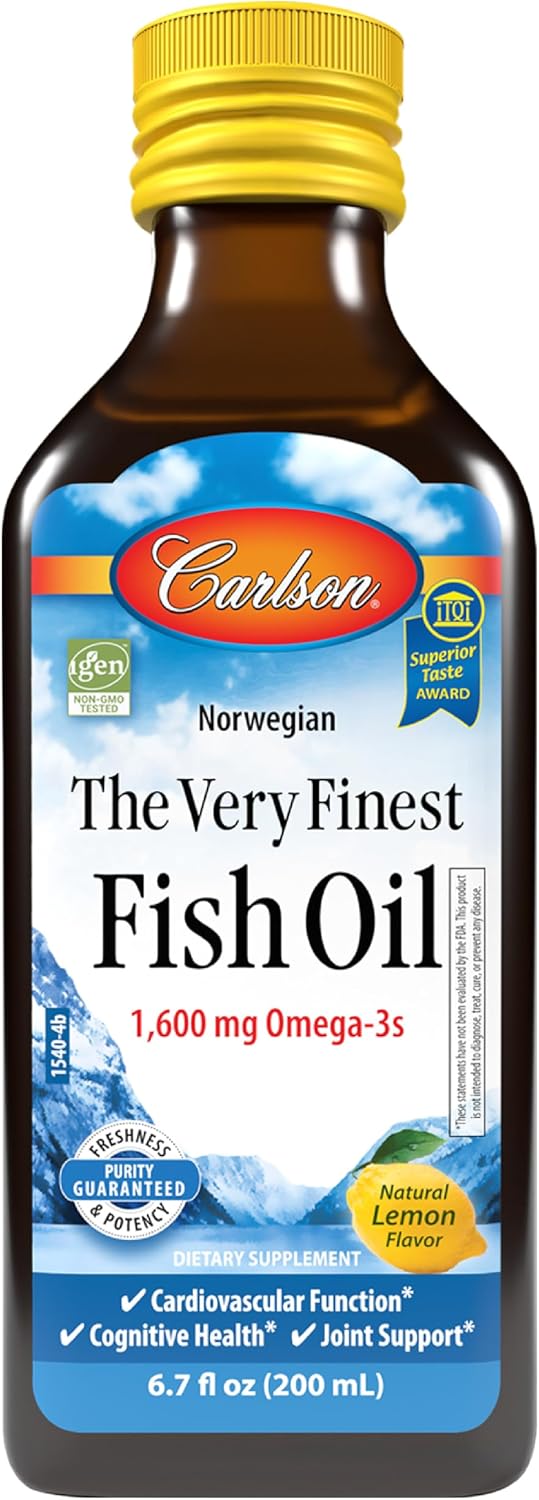 Carlson The Very Finest Fish Oil, 1600 mg, Omega-3s, 200 mL (6.7 Fl Oz) | Lemon; Liquid Fish Oil Supplement; Norwegian Fish Oil; Wild Caught; Sustainably Sourced Fish Oil Liquid