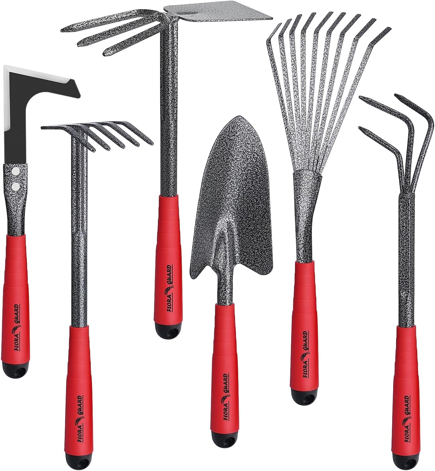 FLORA GUARD 6-Piece Garden Tool Set | Heavy Duty Gardening Hand Tools with High Carbon Steel Including Trowel, Rakes, 2-in-1 Hoe and Crack Weeder