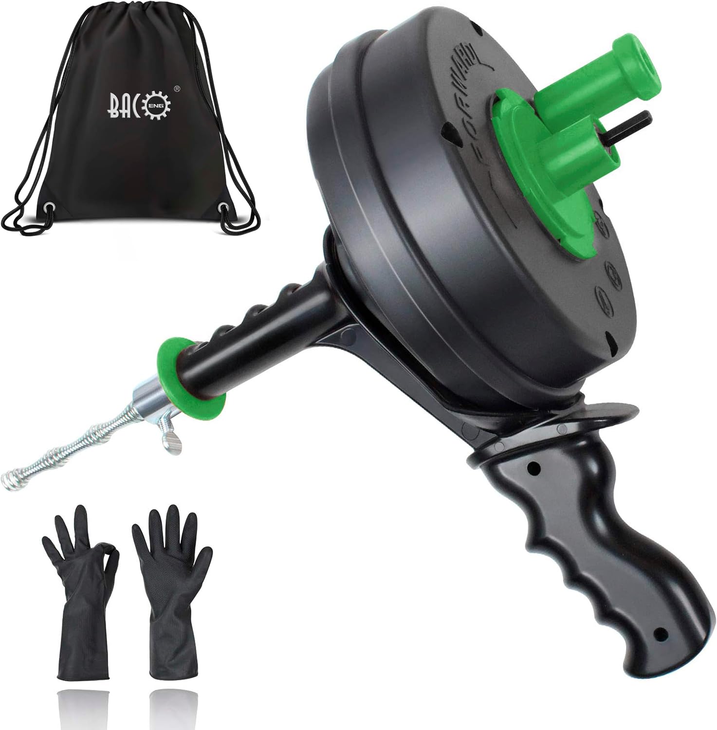 BACOENG 25Ft Drain Auger, Heavy Duty Plumbing Snake with Drill Adapter, Use Manually or Powered for Drain Clog, Shower Sink, Comes with Gloves and Bag (Orange)