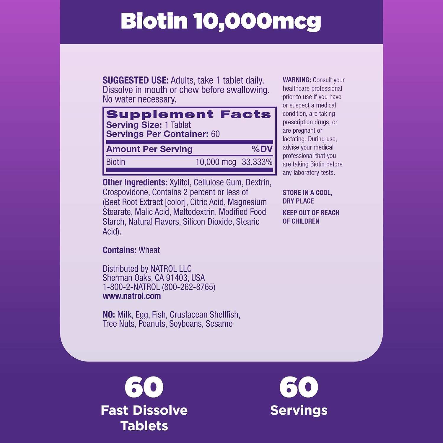 Natrol Biotin 10000mcg, 4X Faster Dissolve Supplement for Healthy Hair, Skin and Nails for Those Low in Biotin, Plus Energy Metabolism Support, 60 Tablets, Up to a 60 Day Supply