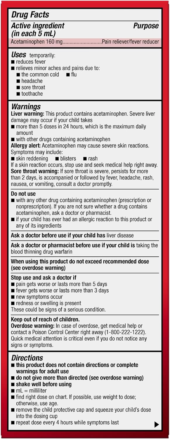 Amazon Basic Care Children's Acetaminophen 160 mg per 5 mL Oral Suspension, Grape Flavor, Pain Reliever and Fever Reducer, 4 fl oz