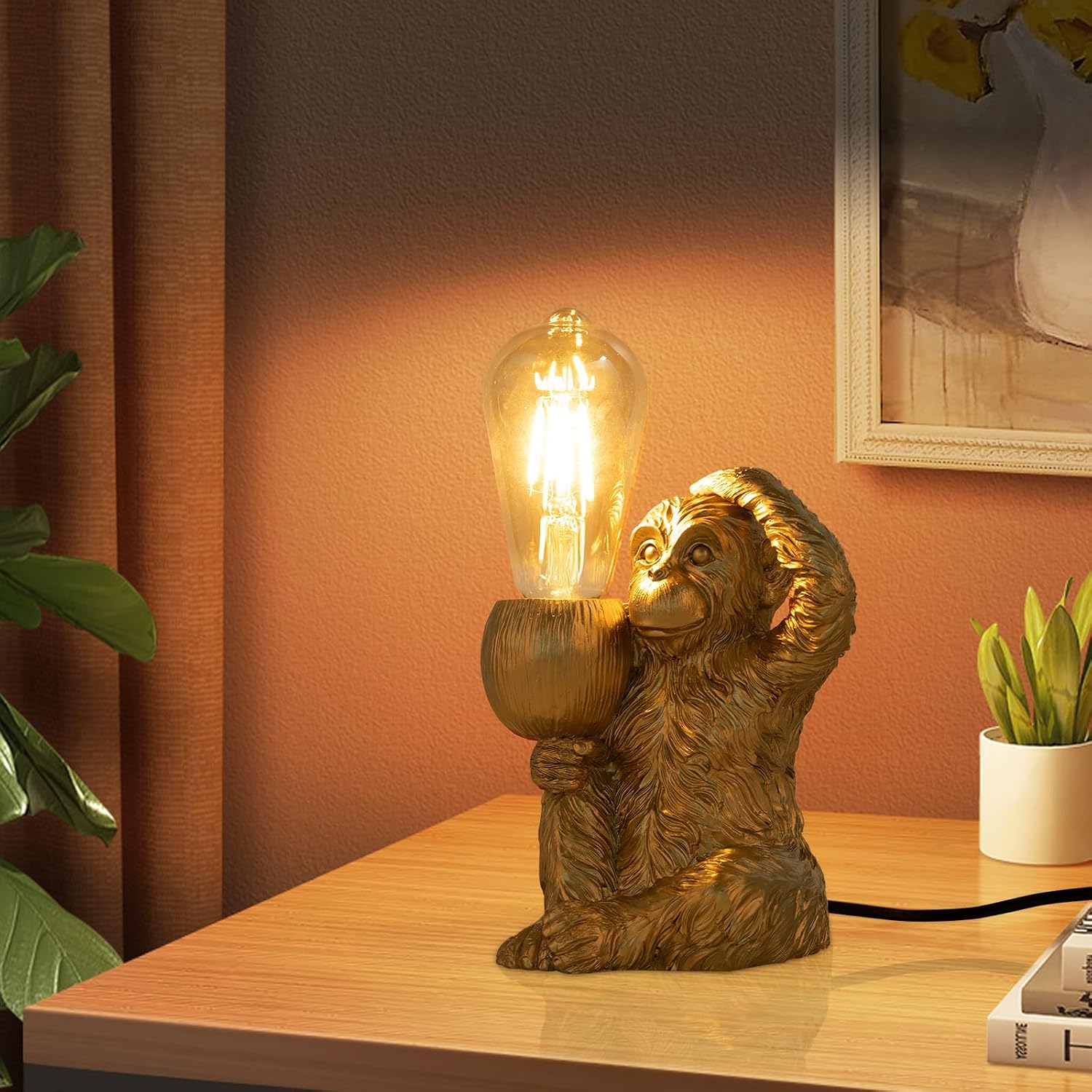 Resin Hemp Rope Monkey Table Light Retro Edison Monkey Desk Resin Sitting Monkey Lighting Fixture E27 for Dining Living Room Bedroom Bar Cafe
