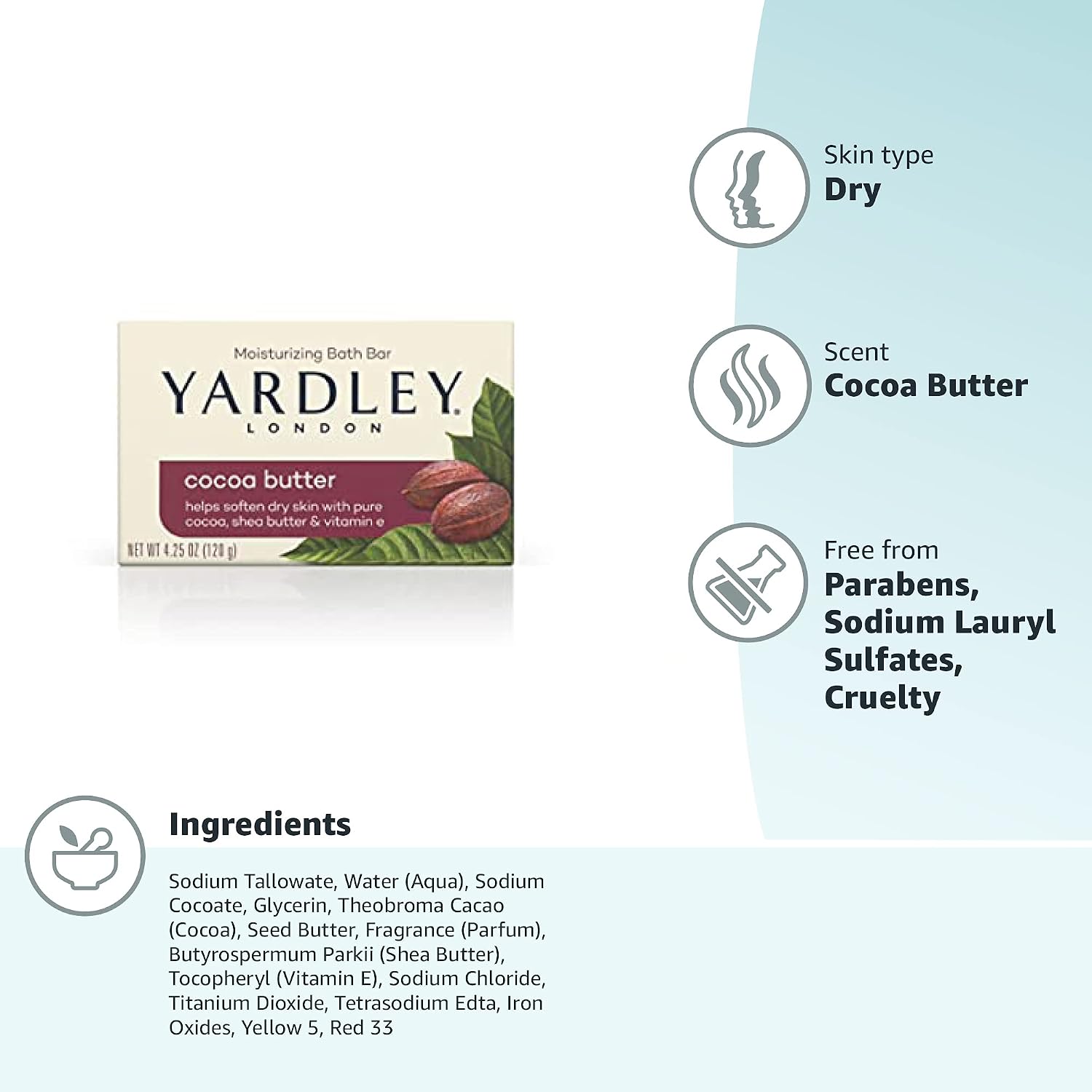 Yardley London Nourishing Bath Soap Bar Cocoa Butter, Helps Soften Dry Skin with Pure Cocoa Butter, Shea Butter & Vitamin E, 4.0 oz Bath Bar, 1 Soap Bar