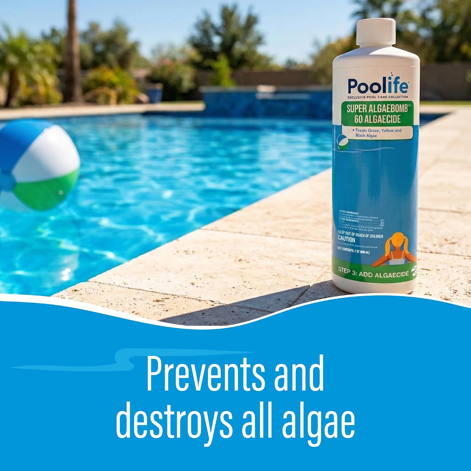 Poolife Super AlgaeBomb 60 Algaecide 1 Qt - Powerful Pool Algae Control Treatment - Fast-Acting Non-Foaming Formula - Kills & Prevents Green