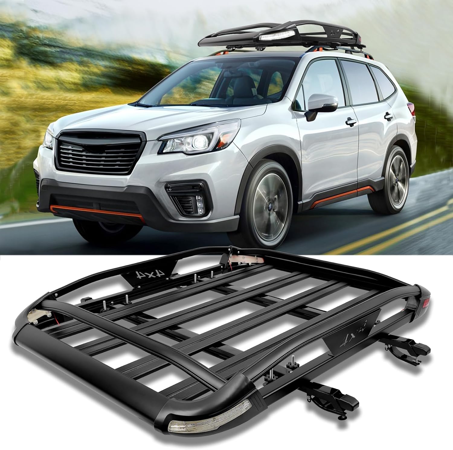 JMTBNO Roof Rack Cargo Carrier Basket, 55 * 40inch | Brake Lights, 2PCS Shark Clip Crossbars, Double Layer Aluminum, Universal for SUV Trucks Cars