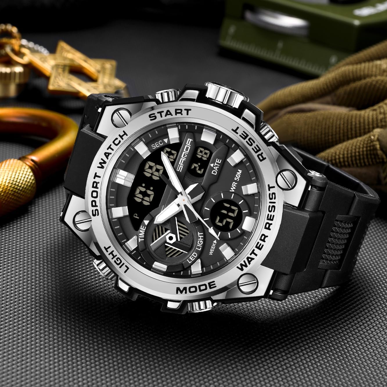 KXAITO Men's Watches Sports Outdoor Waterproof Military Watch Date Multi Function Tactics LED Alarm Stopwatch