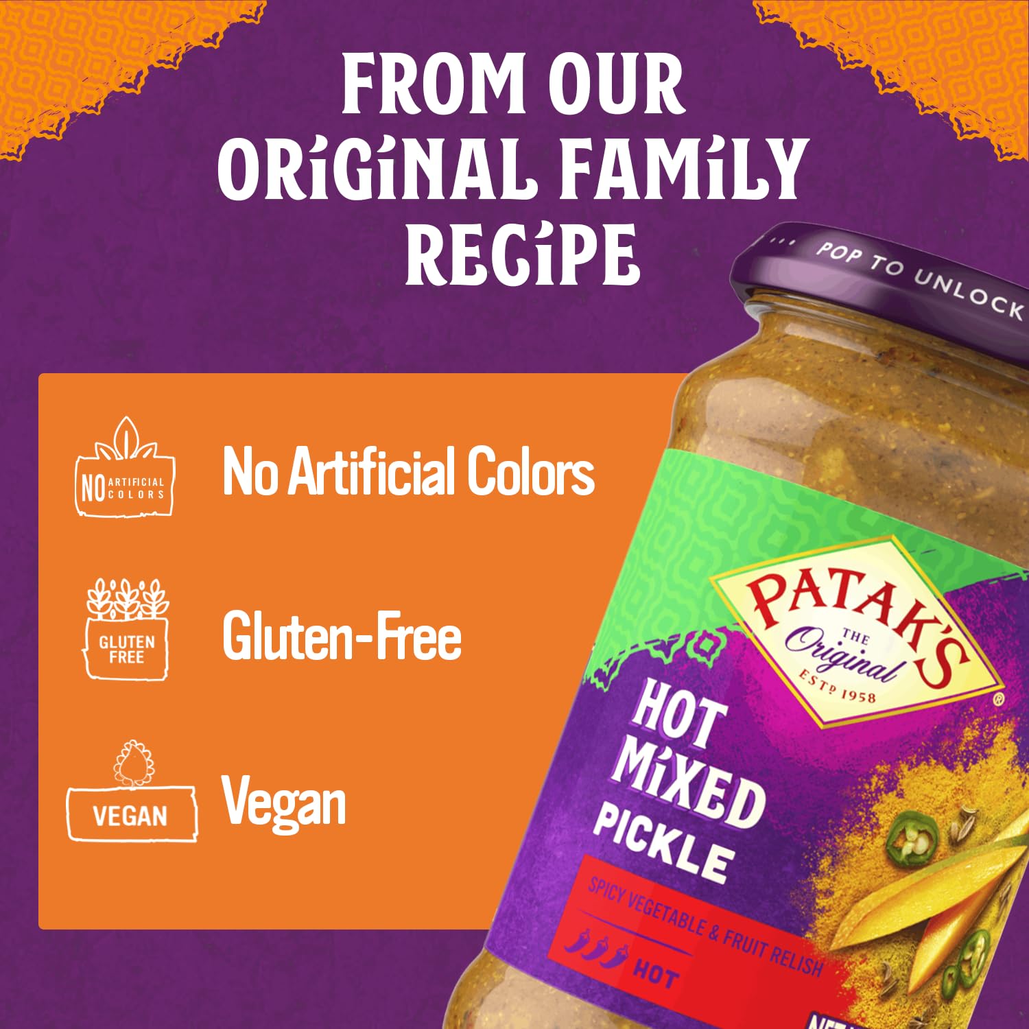 Patak’s Hot Mixed Pickle - Authentic Indian Relish w/Mangoes, Carrots, Limes, Chili Peppers & Aromatic Spices -Perfect for Sandwiches