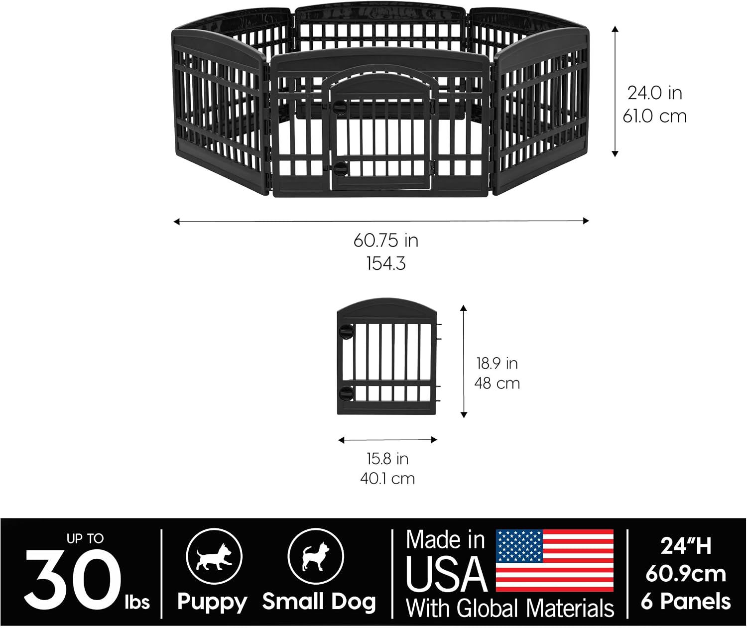 IRIS USA 4-Panel Dog Playpen, Pet Enclosure, Black | Pet Containment, Configurable Layout, Multi-Shape Setup, Custom Pen Configuration, Stable Non-Tip Base, Tool-Free Assembly