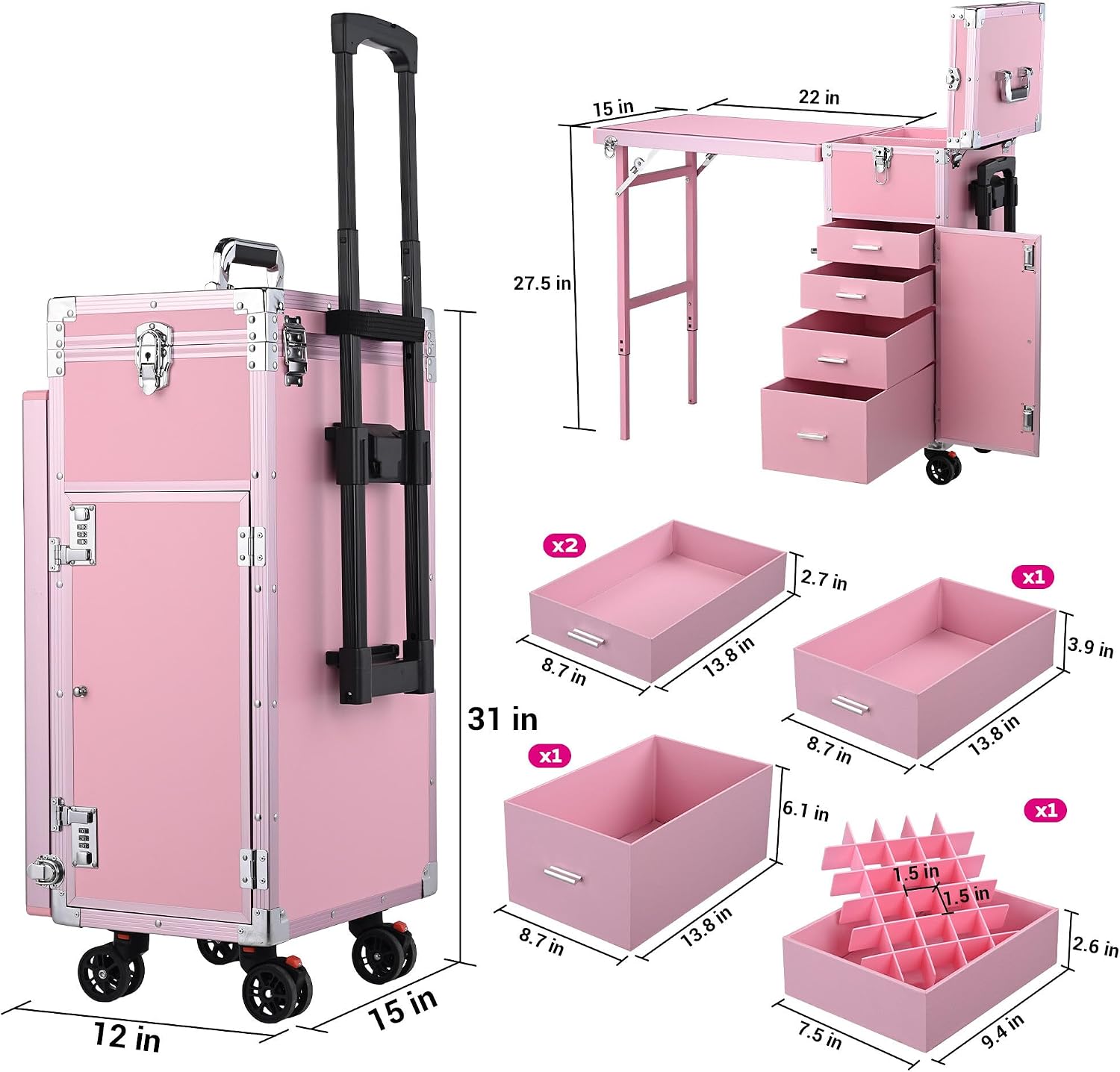 BYOOTIQUE Portable Nail Desk with 4 Storage Drawer Rolling Manicure Table