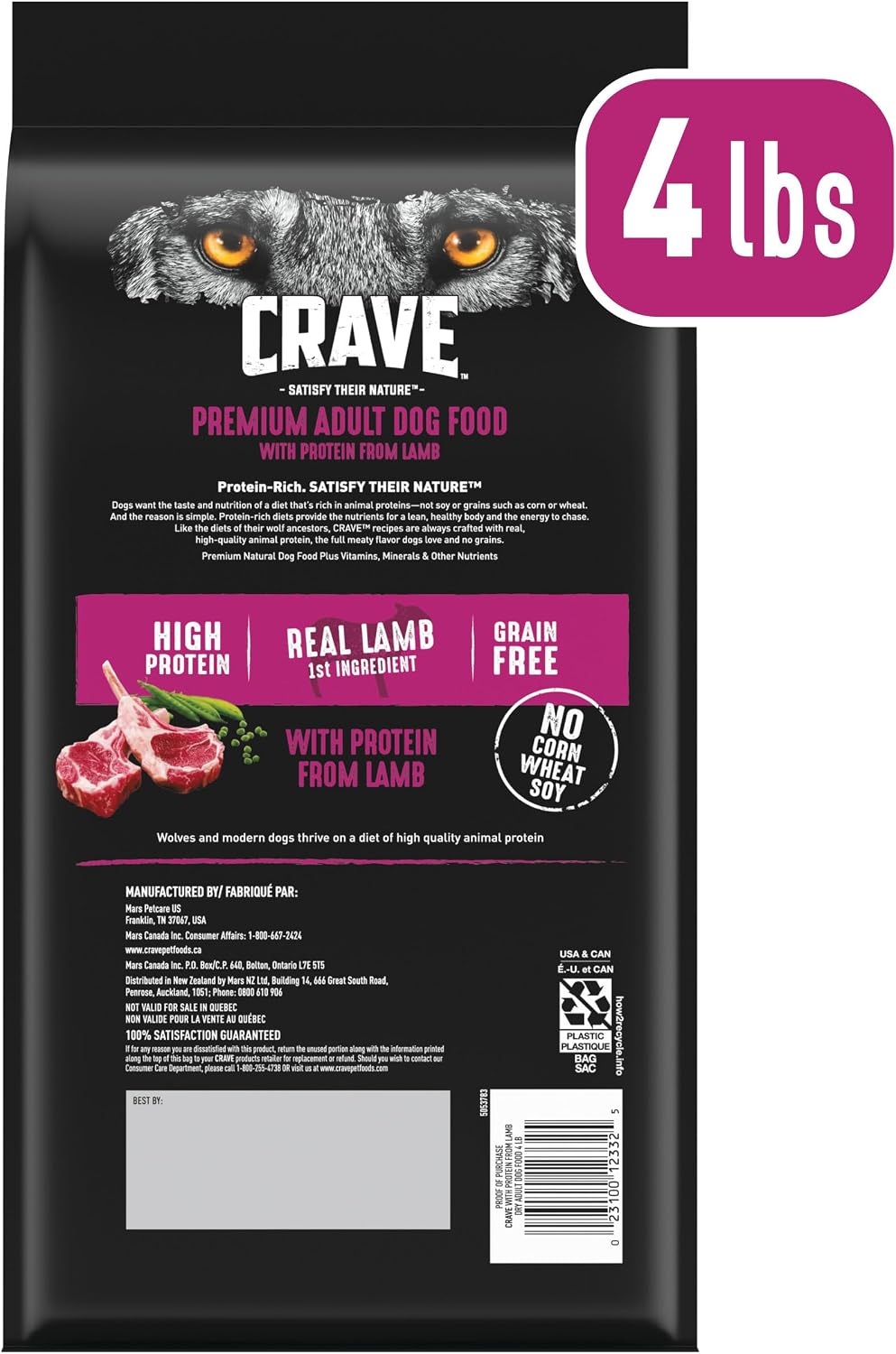 CRAVE Grain Free High Protein Natural Adult Dry Dog Food, Lamb, 4 lb | 34% protein, real animal protein, no by-product meal, no corn, wheat, soy, no artificial flavors, energy support