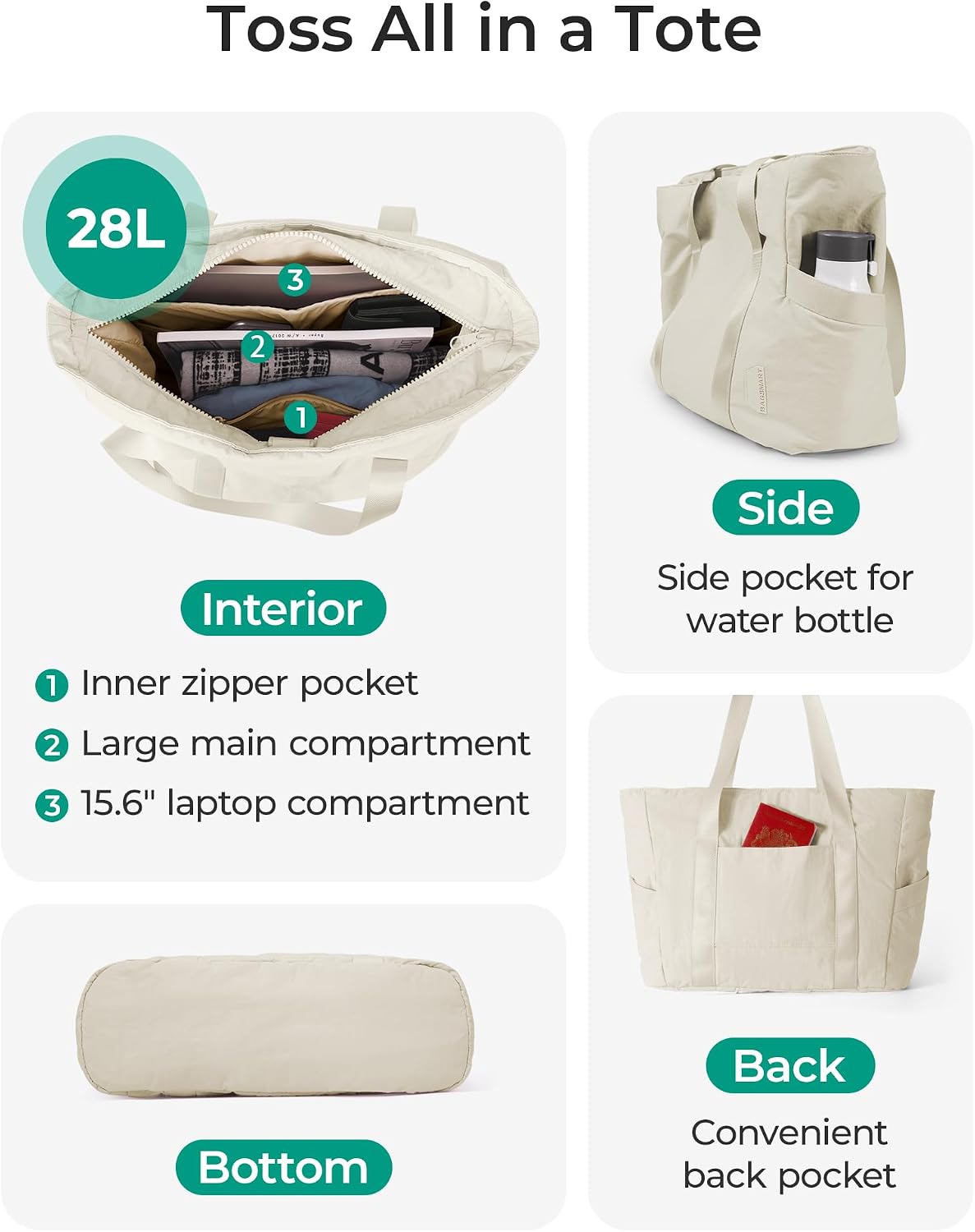 BAGSMART Gym Tote Bag for Women, 24L/28L Travel Tote Yoga Mat Bag