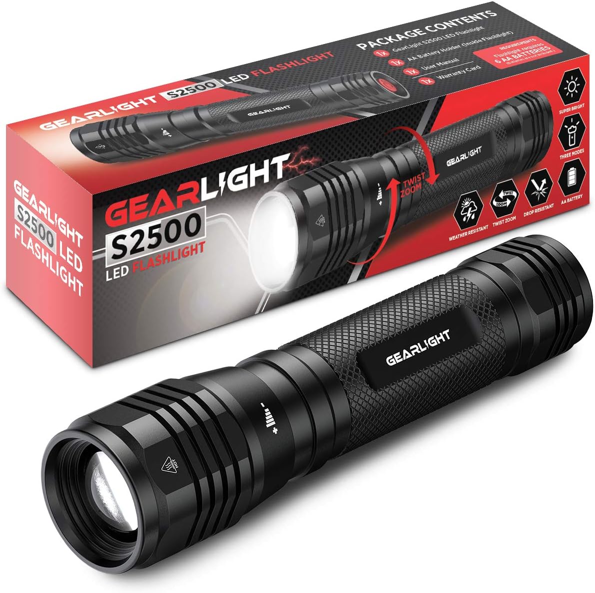 GearLight High-Powered LED Flashlight S1200 - Mid Size, Zoomable, Water Resistant, Handheld Light - High Lumen Camping, Outdoor, Emergency Flashlights - S1200-1 Pack, (Batteries Not Included)
