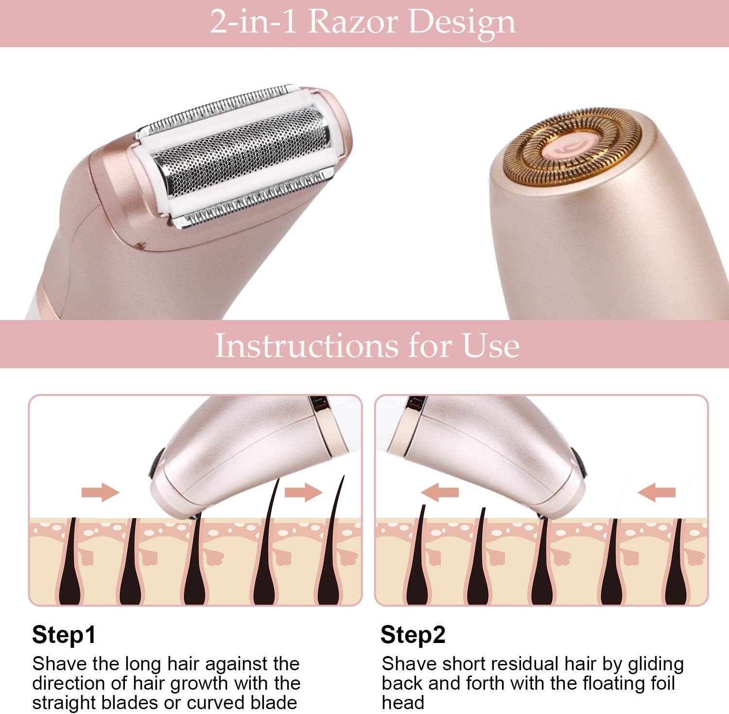 Electric Razors for Women - Painless 2-in-1 Shaver for Women Hair Remover for Face, Legs and Underarm Wet & Dry, Portable Bikini Trimmer