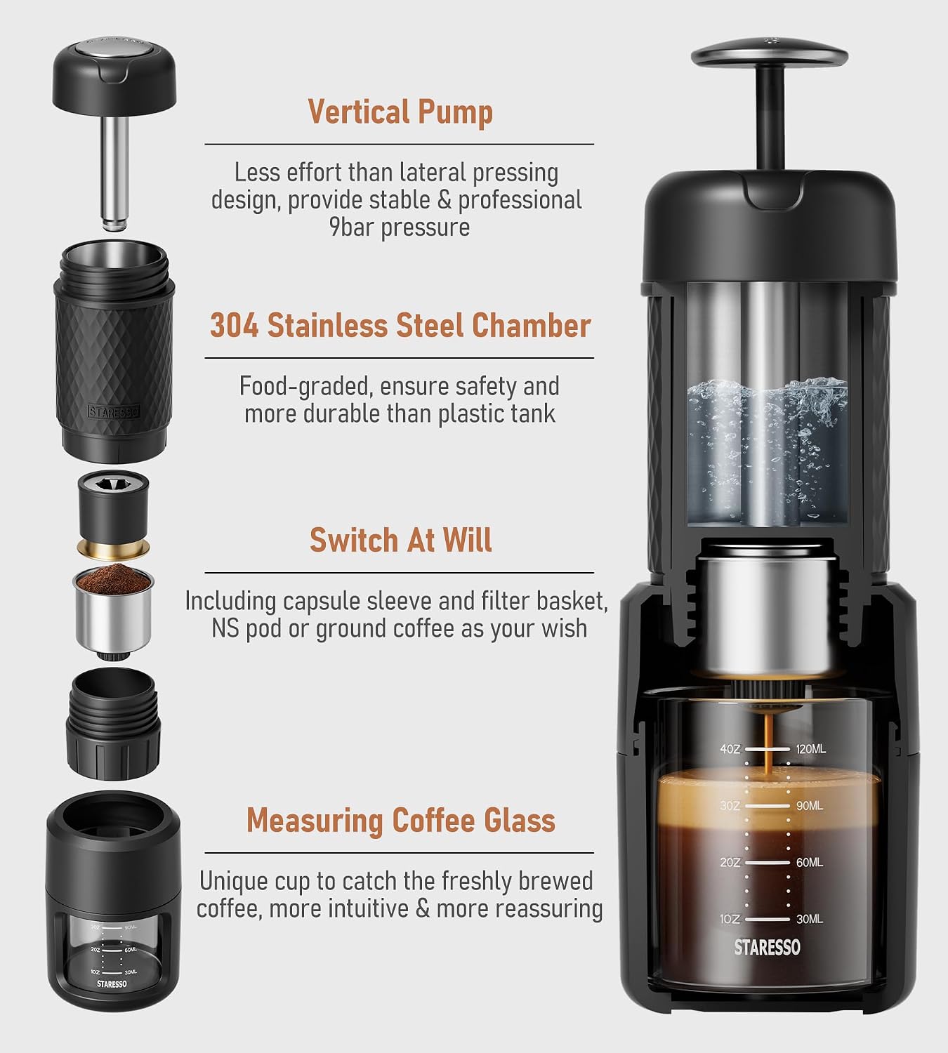 STARESSO Classic Manual Espresso Maker, 2 IN 1 Travel Coffee Machine | Compatible Ground Coffee & NS Original Pods, Stainless Steel Water Chamber