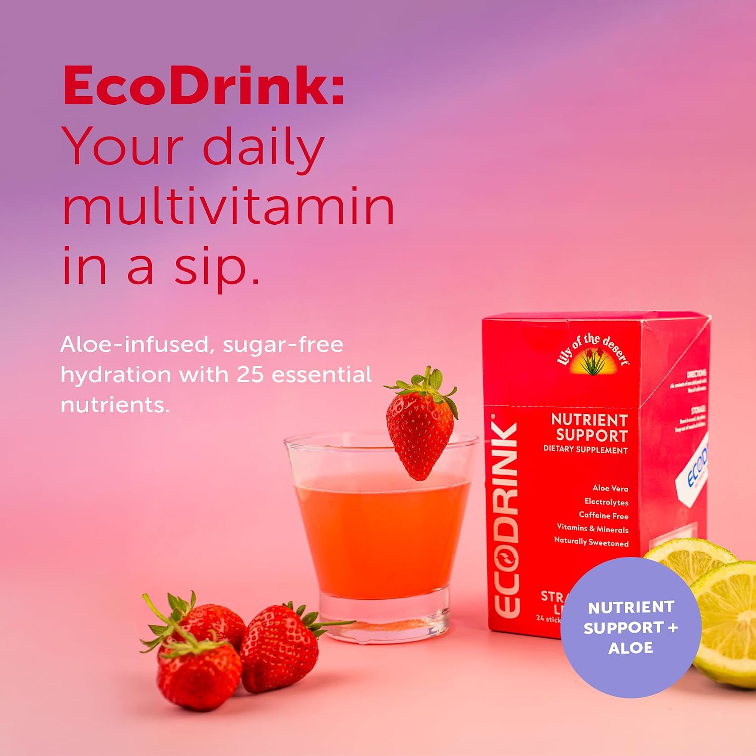Lily of the Desert EcoDrink Nutrient Support Hydration Packets, Strawberry Lemonade – Naturally Sweetened Multivitamin Electrolyte Mix with Aloe, 24 Stick Packs/Box, 0.25 Oz Ea