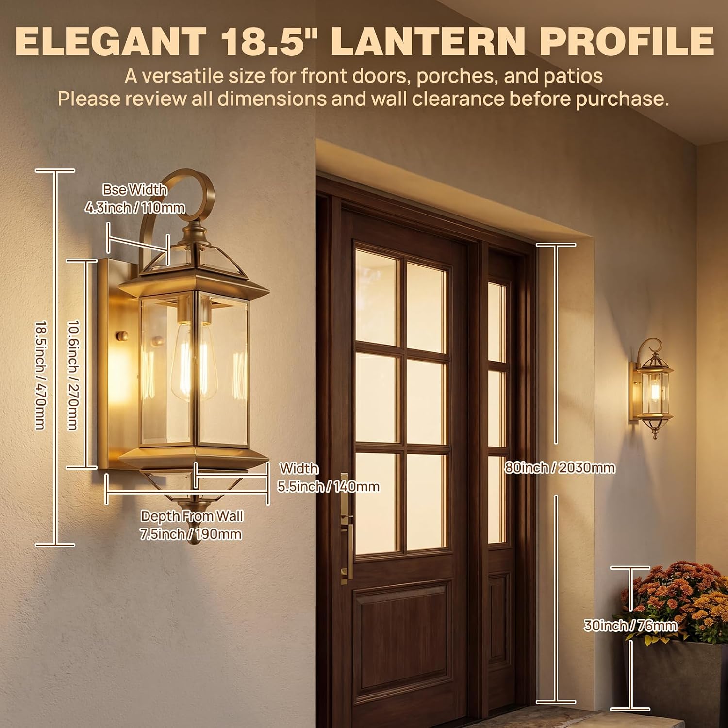 Solid Copper Outdoor Wall Light, 18.5" Oil Rubbed Bronze Porch Lantern with Clear Beveled Glass, Exterior Wall Sconce for Front Door, Garage