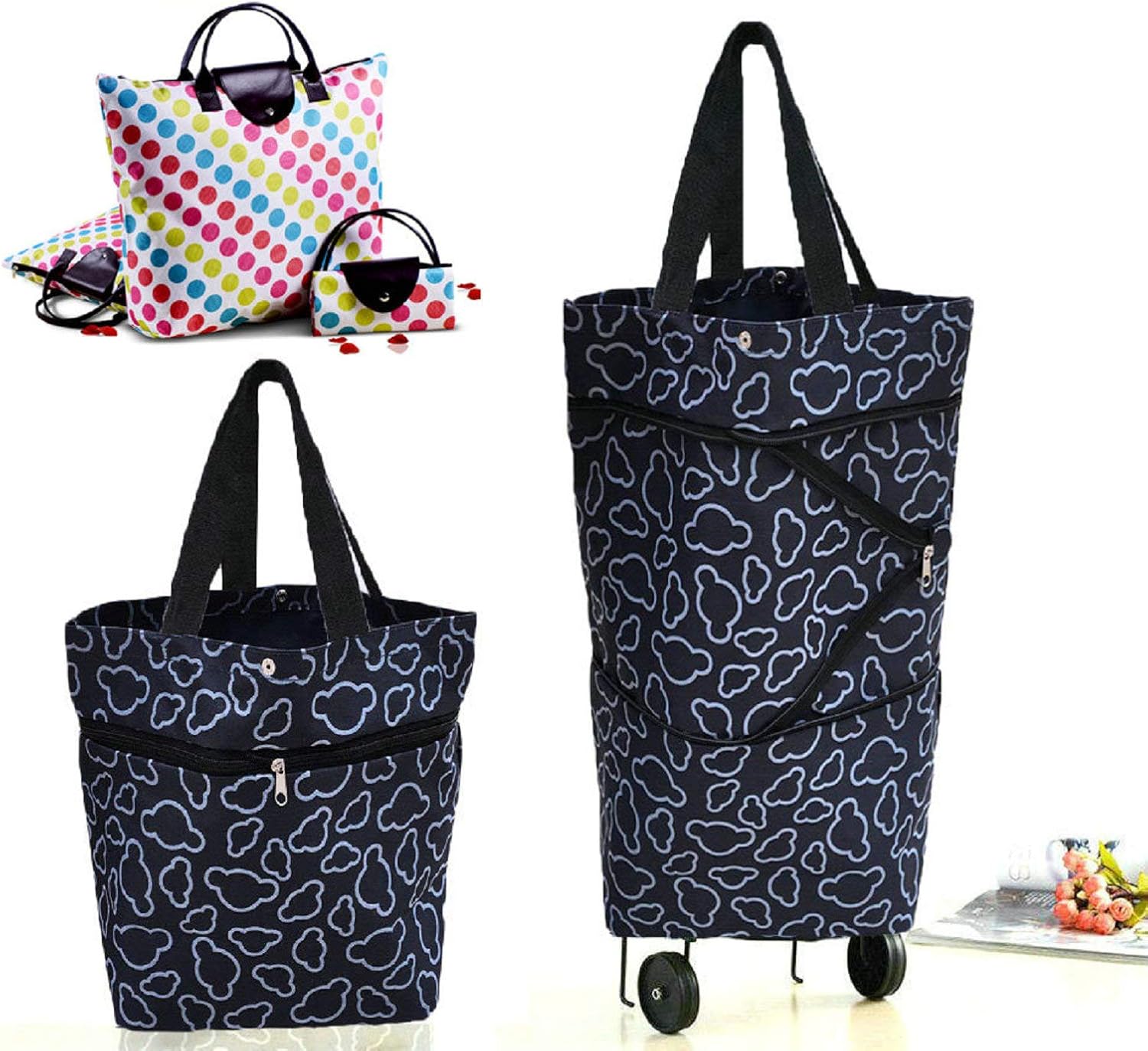 Collapsible Shopping Bag with Wheels Portable Shopping Cart with 360° Swivel Wheels Rolling Tote Bag Reusable Grocery Bag Trolley Bag on Wheels for Travel Shopping and Daily Use(Blue)