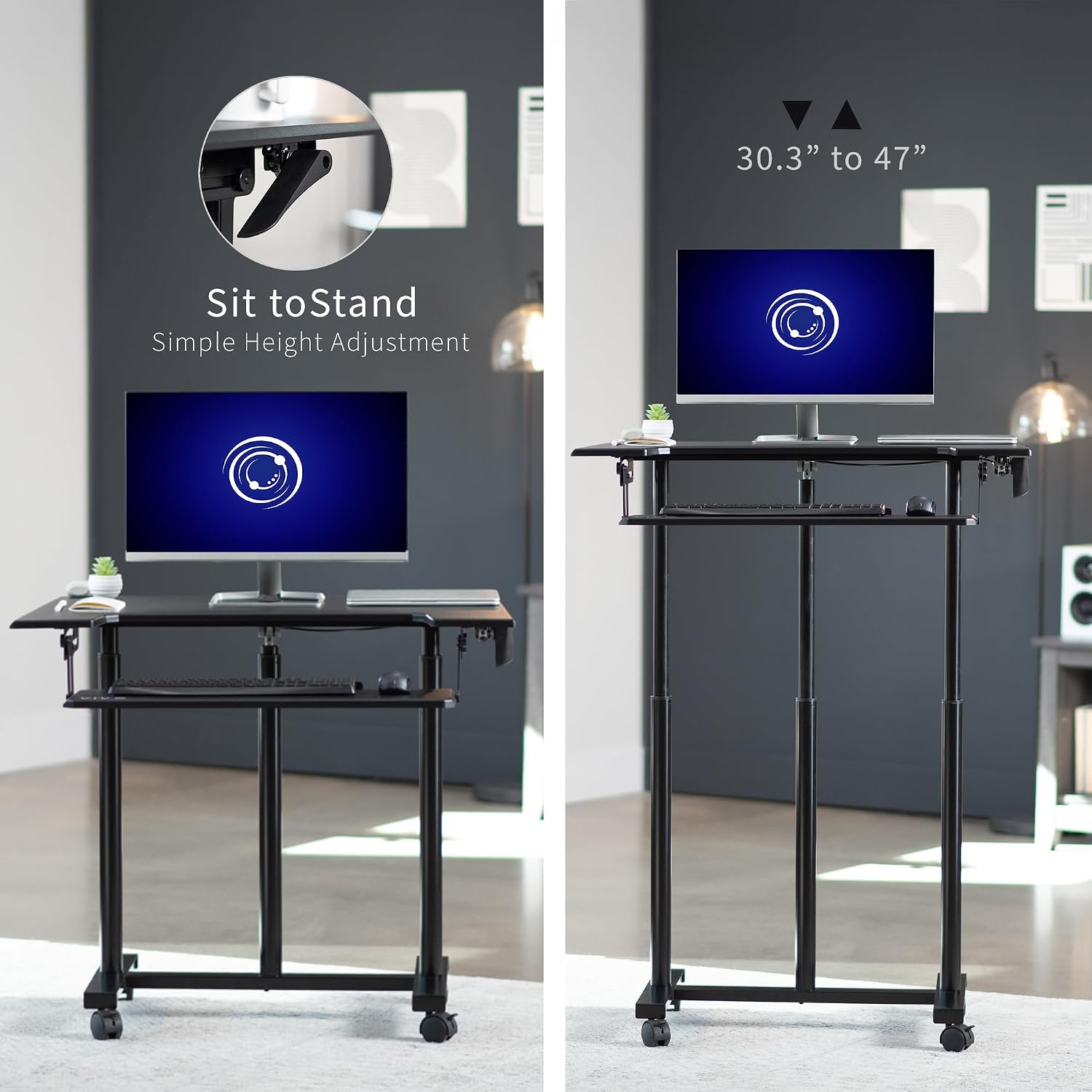 VIVO Mobile Height Adjustable Table, Stand Up Desk Cart with Sliding Keyboard Tray, Computer Workstation, Rolling Presentation Cart, Black