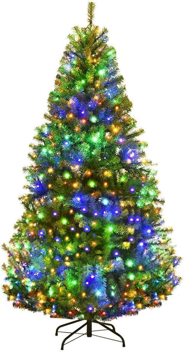 Goplus 7.5ft Pre-Lit Artificial Christmas Tree, Premium PVC Snow Flocked Hinged Pine Tree with Metal Stand and LED Lights