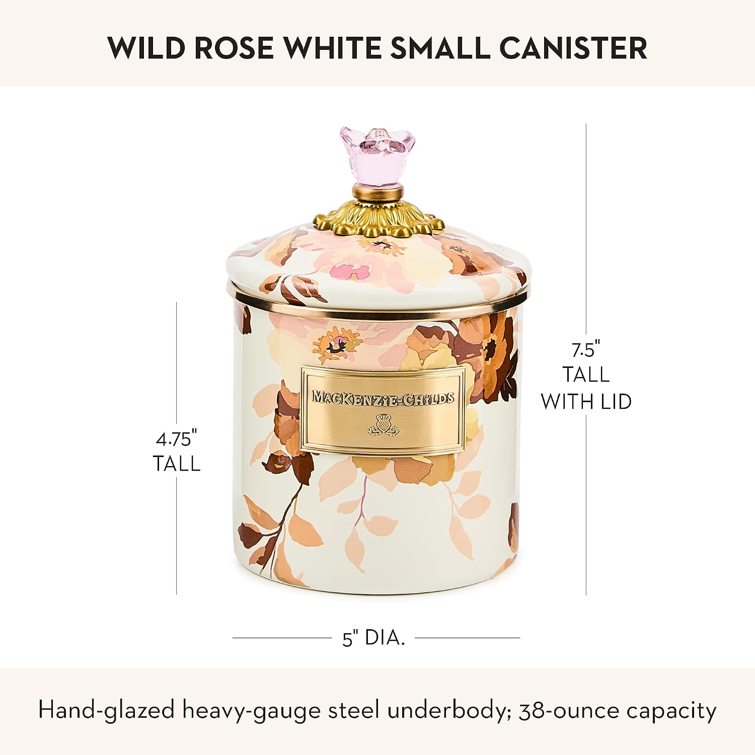 MACKENZIE-CHILDS Enamel Canister, Small, Wild Rose Brown | Hand-applied design, made from enameled steel, versatile kitchen storage container for flour and sugar, 38-ounce capacity