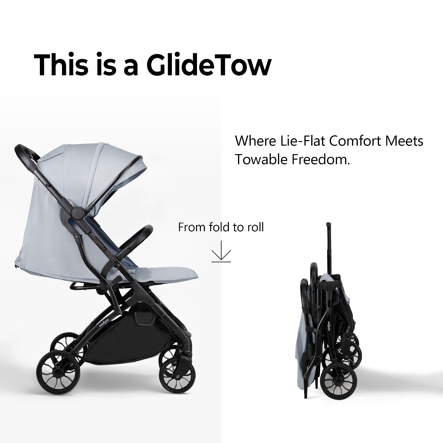 newyoo GlideTow TR18 Travel Stroller, Compact & Lightweight, Muted Olive | Newborn to toddler, foldable, self-standing design, 175° near-flat recline, large mesh window, trolley mode & UPF 50+ canopy