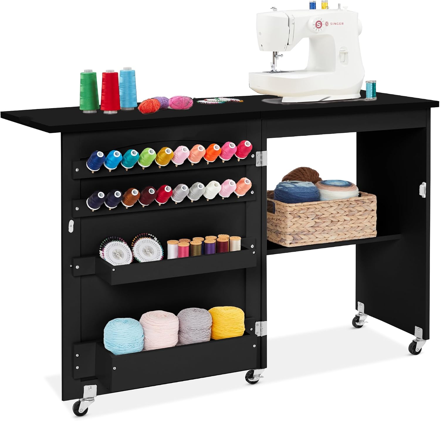 Best Choice Products Folding Sewing Table Multipurpose Craft Station & Side Desk with Compact Design, Wheels, Shelves, Storage Trays, Pegs