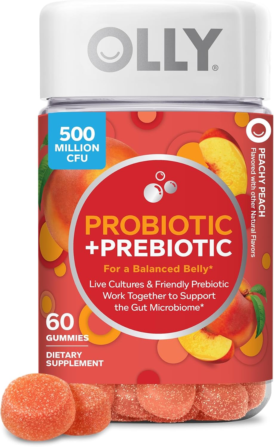 OLLY Probiotic + Prebiotic Gummy, 500 million CFUs, Peachy Peach - 30 Count