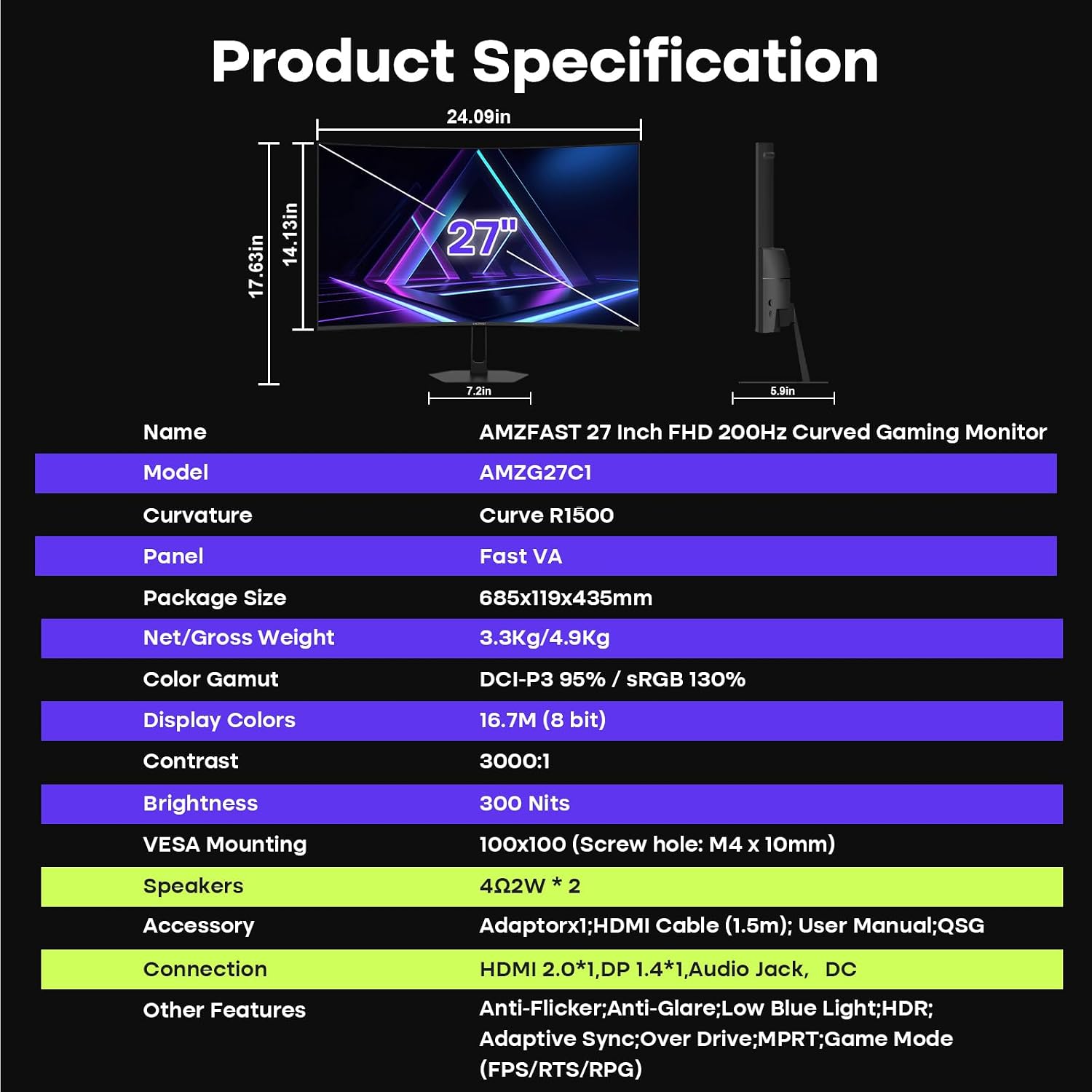 Amzfast 34 Inch Curved Monitor 240Hz UWQHD (3440x1440) Gaming Monitor, 1ms G-SYNC Compatible, 1500R, PIP/PBP, HDR400, 96% DCI-P3, Tilt/Swivel/Height Adjustable, TÜV Rheinland, HDMI 2.1, AMZG34C8 Pro