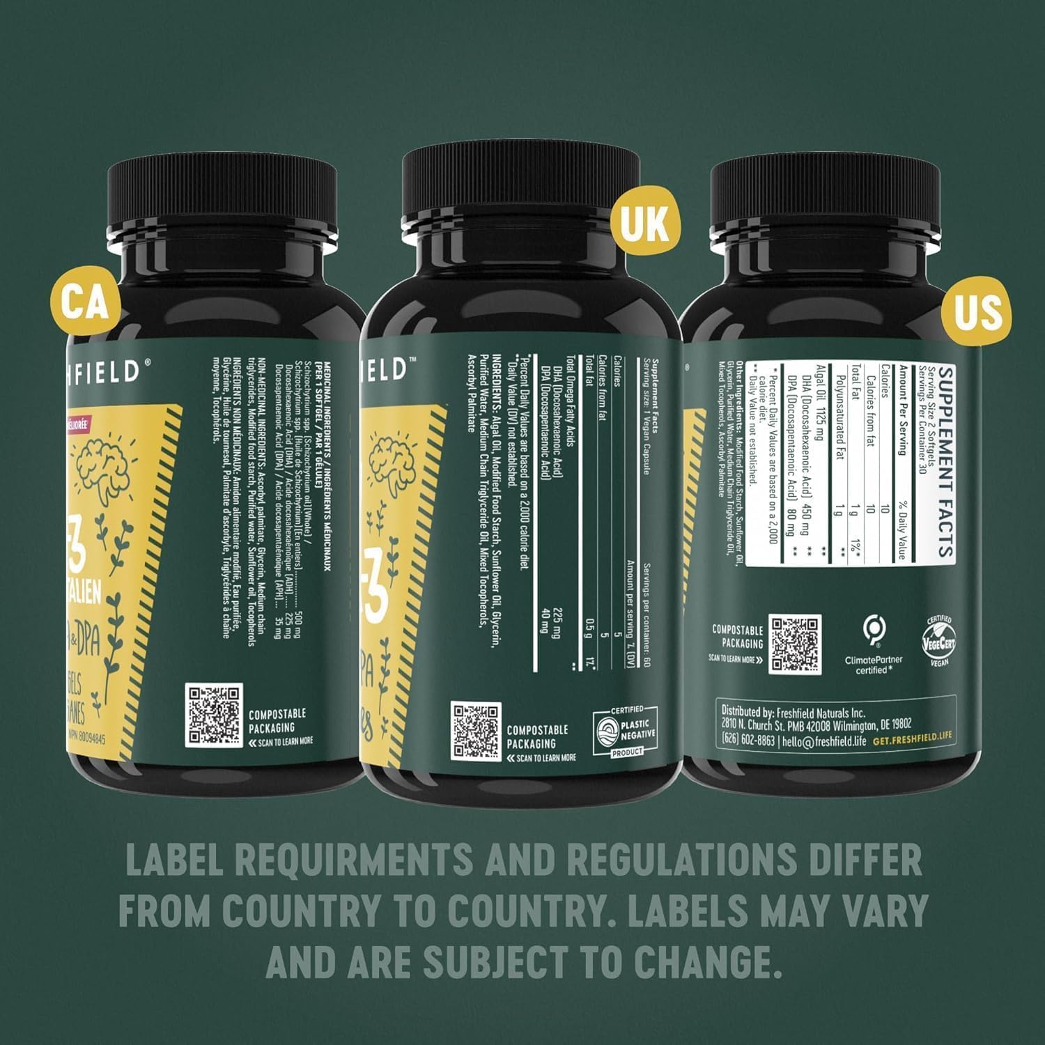 Freshfield Vegan Omega 3, Algae (Algal) Oil, Fish Oil Free Company, Third Party Tested, Carrageenan Free, DHA Supplement w/DPA, Plant Based Omega. Supports Heart, Brain, Joint Health. Lemon Scent