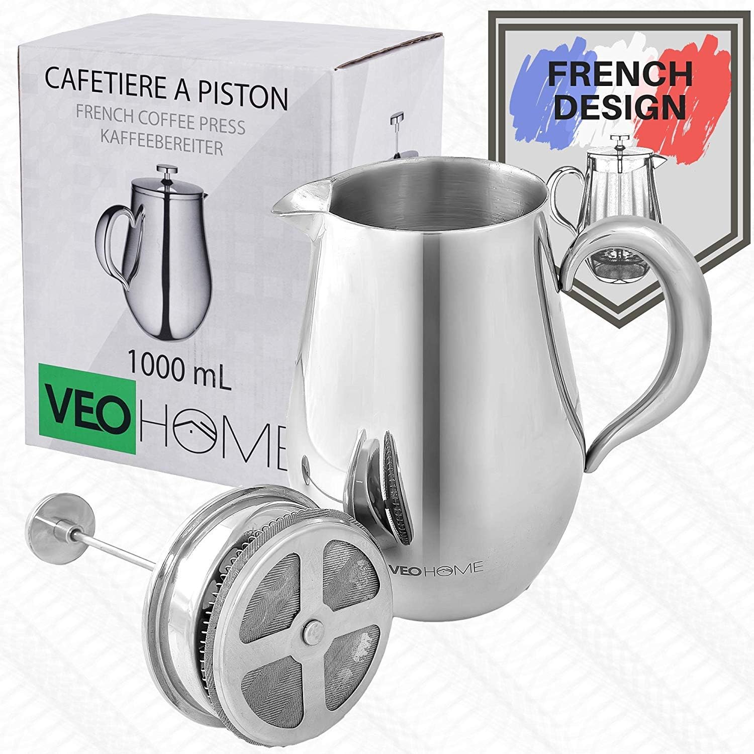 VeoHome - 0.75 litre plunger - Unbreakable and keeps the coffee hot for a long time thanks to its double stainless steel shell