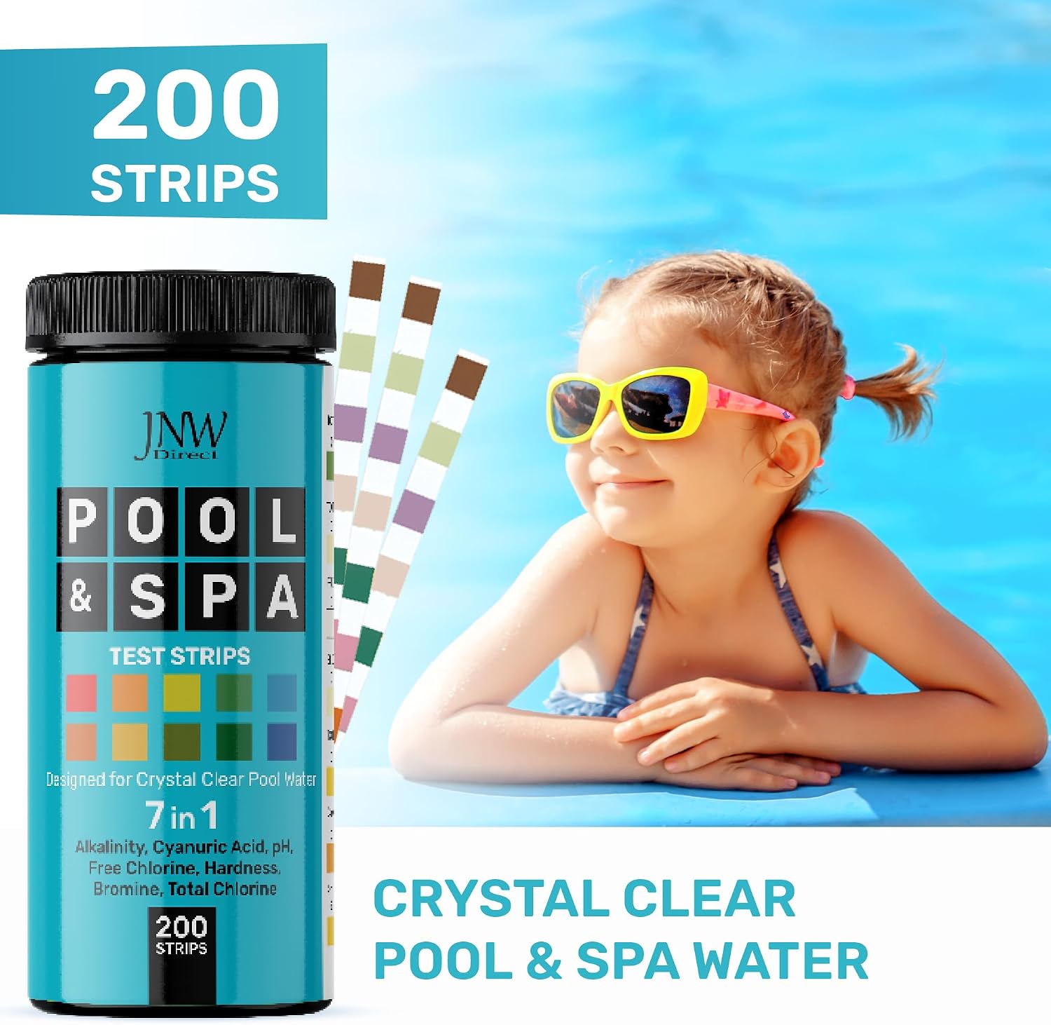 Pool Test Strips for Pools and Spas - 7 in 1 Water Test 100 Pack | Includes 100 pool test strips that measure chlorine, bromine, pH, alkalinity, hardness and cyanuric acid in 30 seconds.