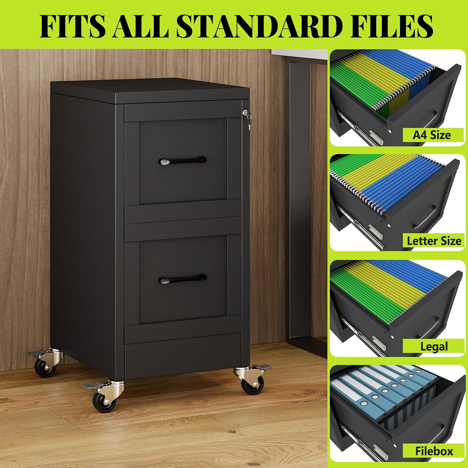 3 Drawer File Cabinet, Office Mobile Filing Cabinet, Printer Stand | All-in-One Office Storage, 3 Storage Drawers, 2 Adjustable Shelves, Lockable Cabinet, 4 Casters, 46.5-Inch Top