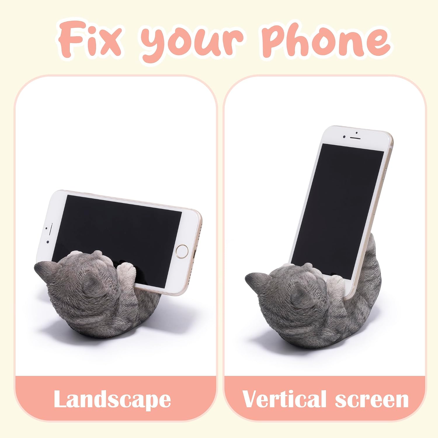 Hodao Cute Cat Phone Stand, Gray Kitten Cell Phone Holder for Desk, Resin Animal Figurine Stand for iPhone and Samsung, Vertical or Horizontal Viewing