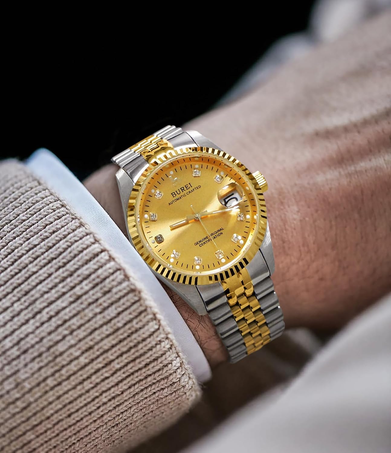 BUREI Men's Luxury Automatic Watch Fashion Waterproof Mechanical Watch, Adjustable Stainless Steel Two Tone Strap,Gift for Men