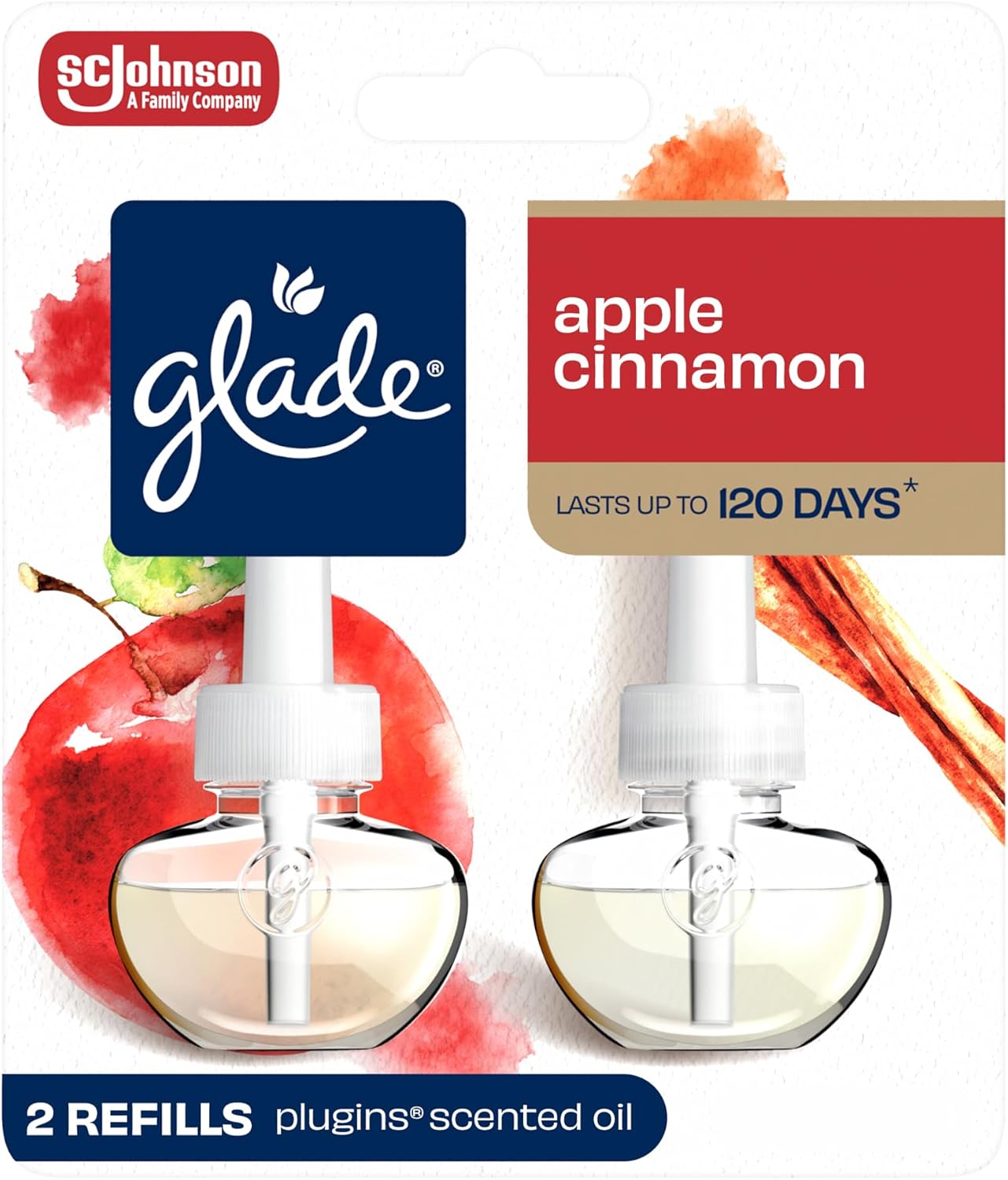 Glade PlugIns Refills Air Freshener, Scented and Essential Oils for Home and Bathroom, Apple Cinnamon, 1.34 Fl Oz, 2 Count