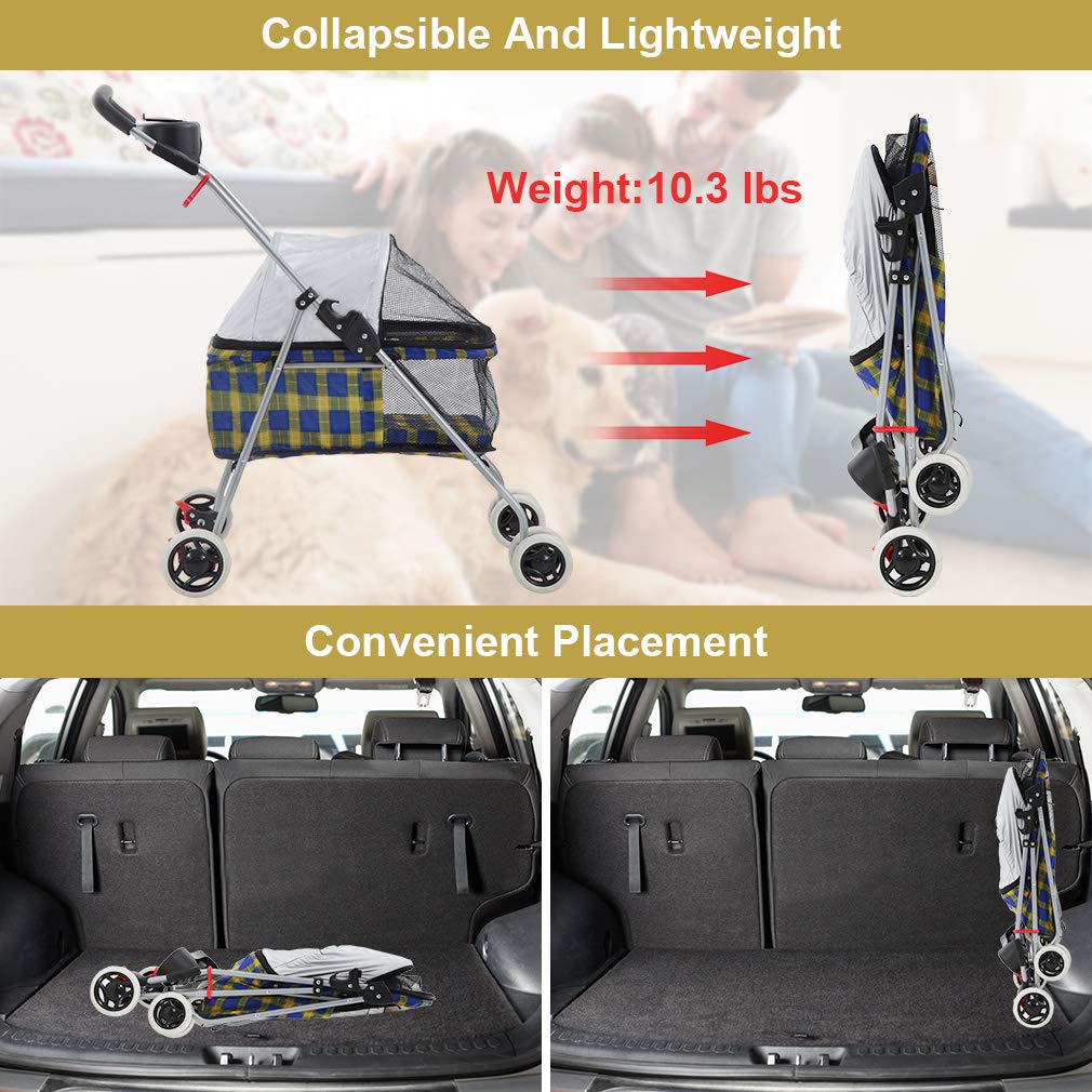 Pet Stroller 4 Wheels Posh Folding Waterproof Portable Travel Cat Dog Stroller with Cup Holder,Blue