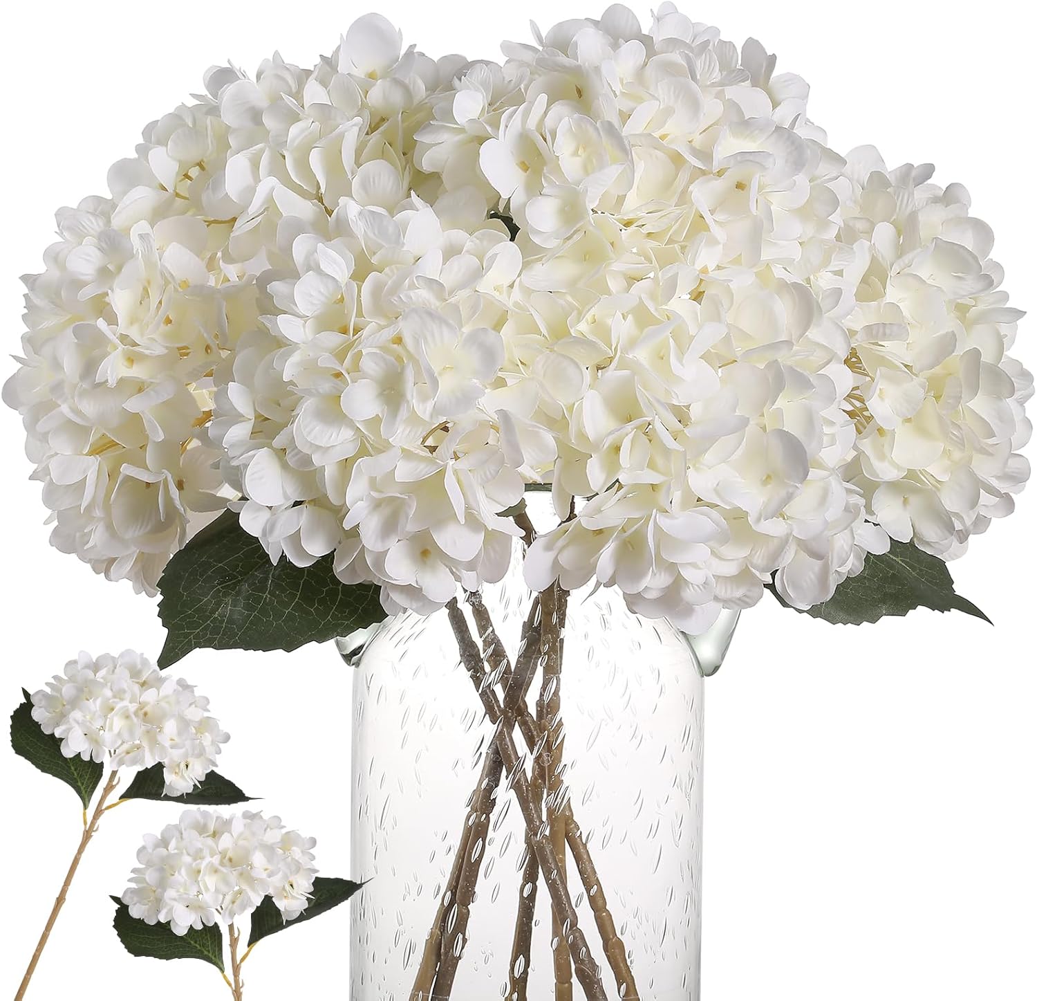 Kisflower 6pcs White Hydrangea Artificial Flowers - Faux Hydrangea Flowers, Fake Silk Flowers for Table Centerpiece
