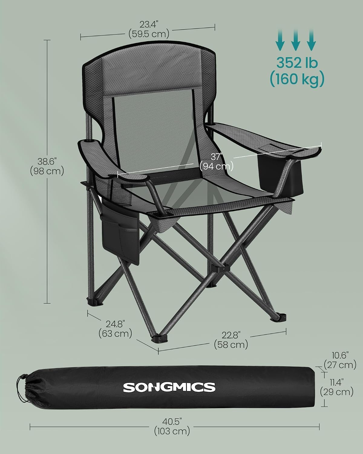 SONGMICS Camping Chair, Folding Oversized Chair, Comfortable and Heavy-Duty, 352 lb Weight Capacity, Adjustable Armrests with Cooler Bag, Storage Bag, Breathable Mesh, Bijou Blue UGCB060Q01