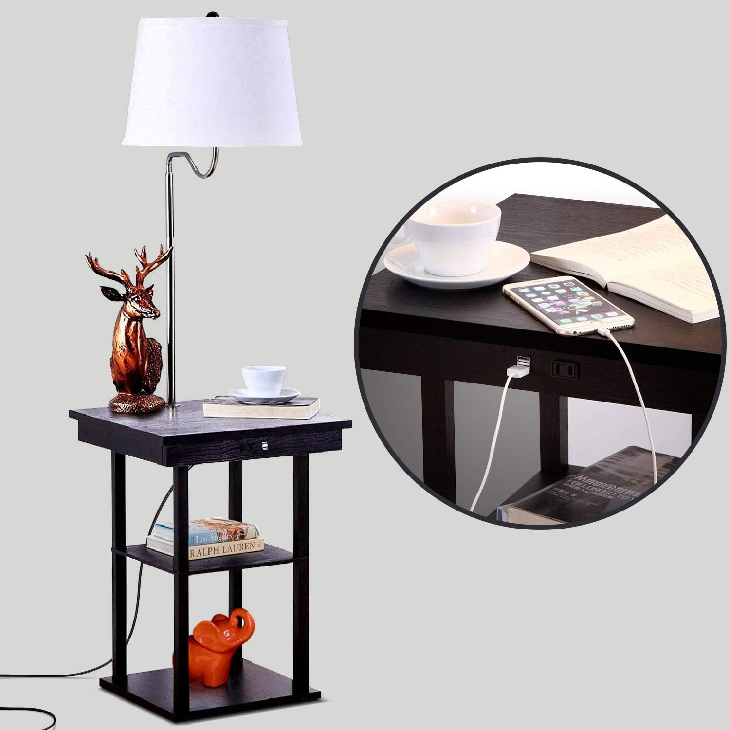 Brightech Madison Side Table with Lamp Combo with LED Bulb, Desk Lamp with USB Port, Bedside Reading Light, Modern End Table with Floor Lamp for Bedroom, Living Room, Office - Havana Brown