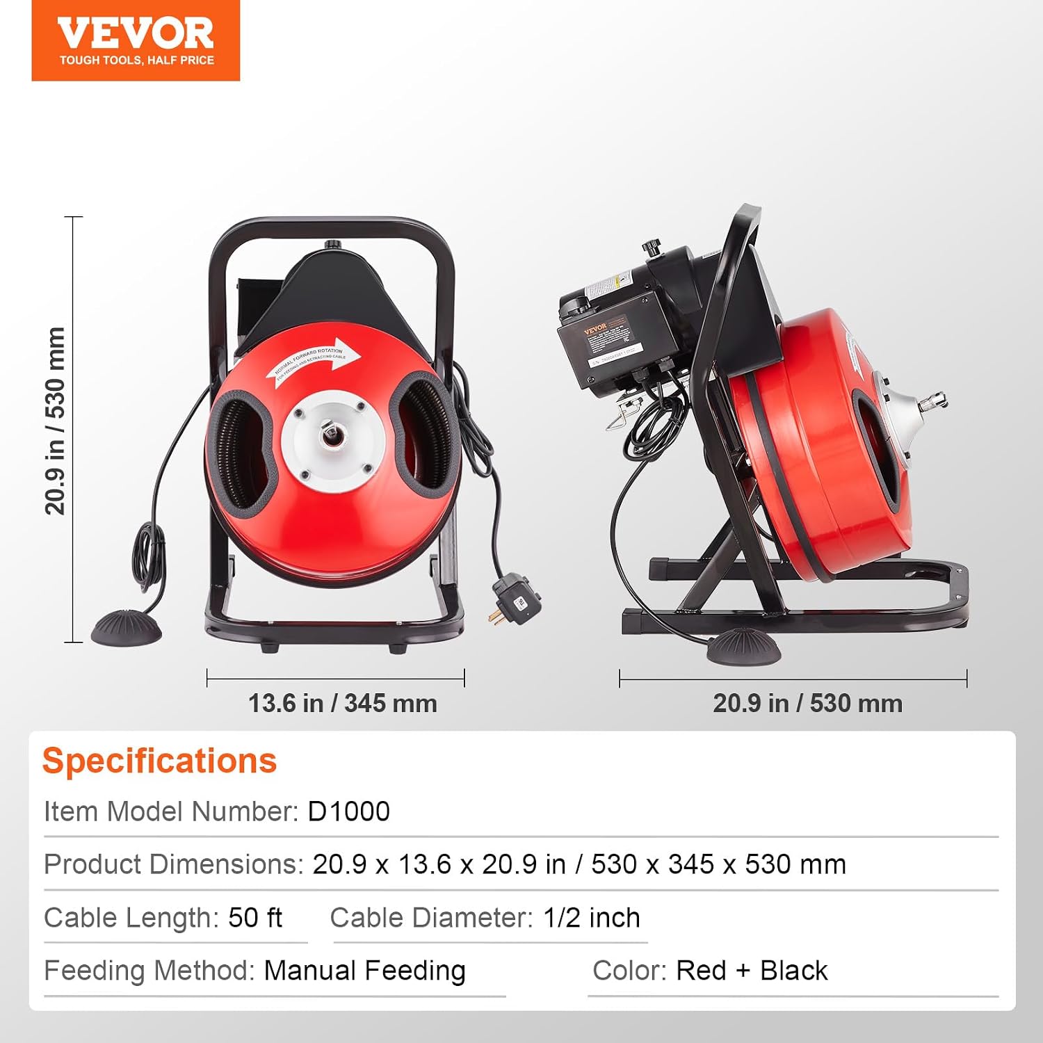 VEVOR Drain Cleaner Machine 50 FT x 1/2 Inch, Manual Feed Sewer Snake Auger with 4 Cutters & Air-Activated Foot Switch for 2" to 6" Pipes